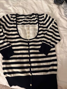 Women’s Black and White Striped Button-Front Cardigan